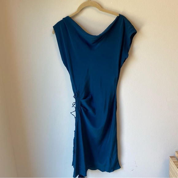 LIA KES 100% Silk Dress Navy Blue Midi Tassel Boatneck Side Tie - Picture 8 of 9